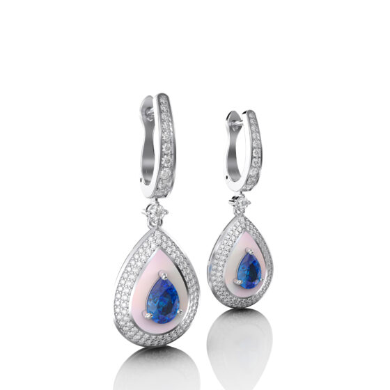 18k Gold Earrings with Diamonds, Mother of pearl & Sapphire